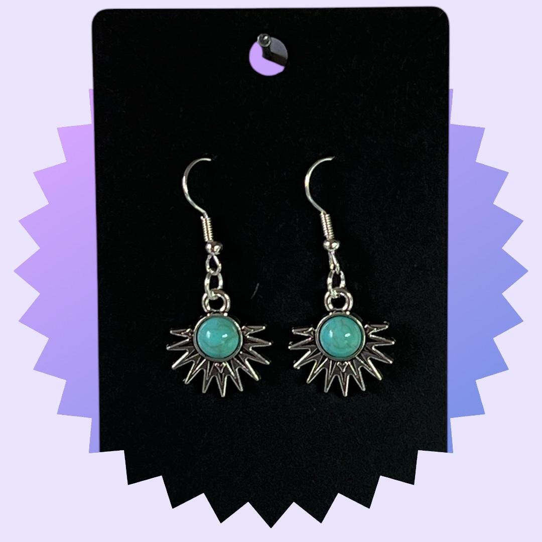 Turquoise Stone Pendant on Silver Drop-Hook Earrings