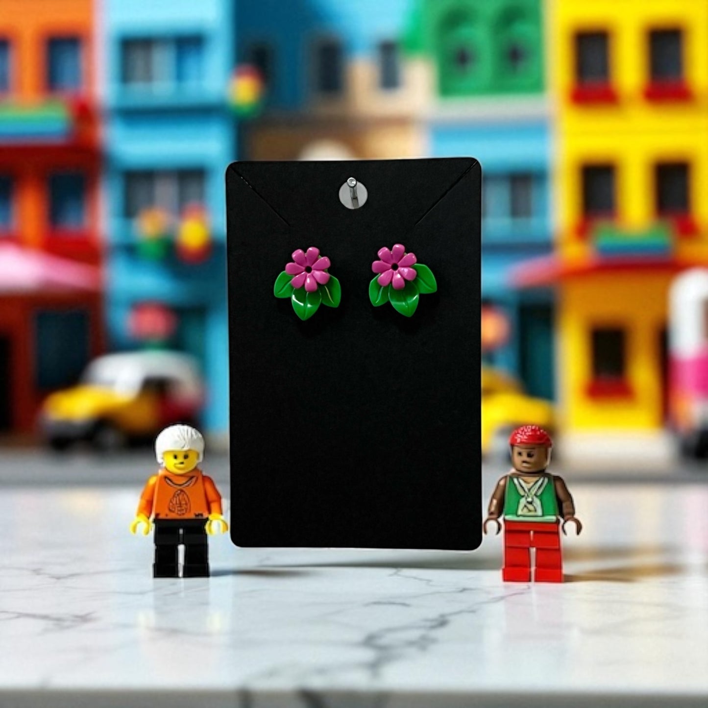 LEGO® 'Bright Green' Leaves & Flowers on Silver Stud Earrings