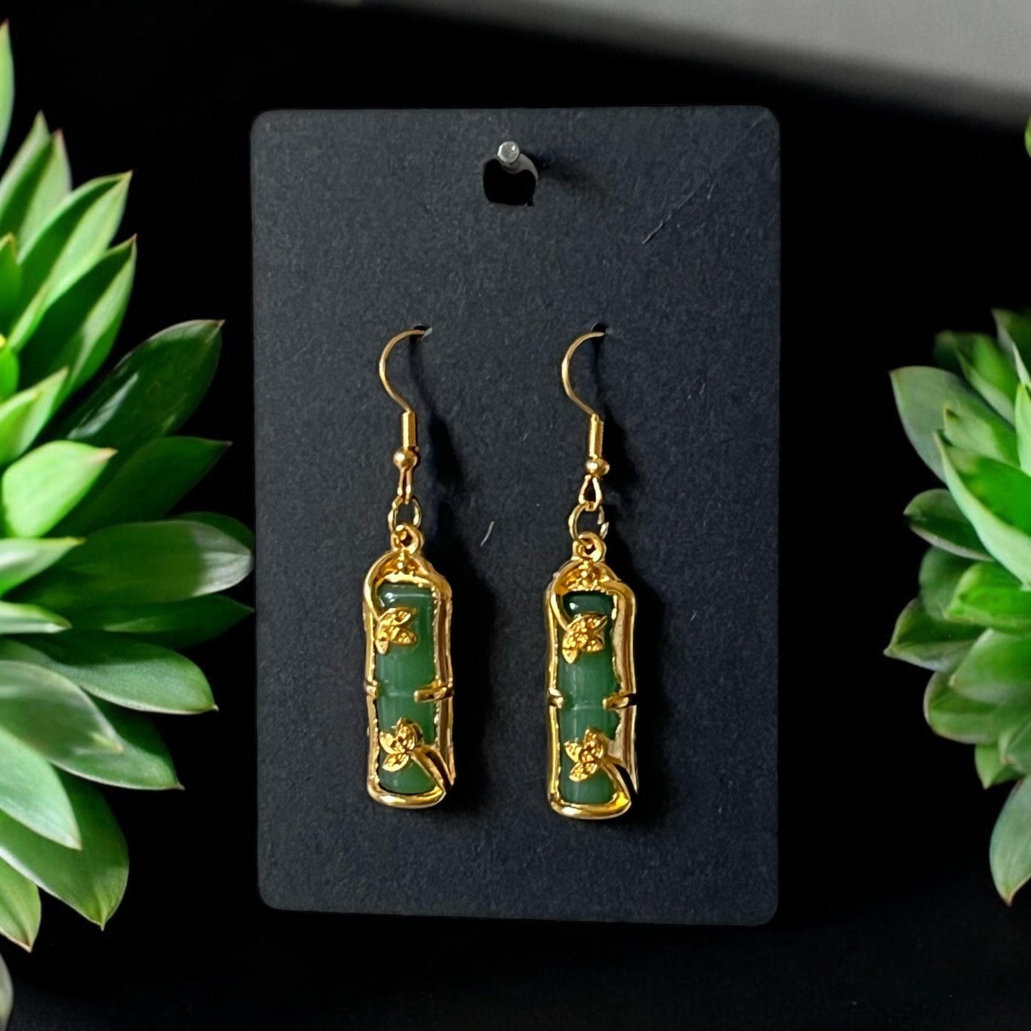 Gold Plated Jade Bamboo Pendant on Gold Plated Drop-Hook Earrings
