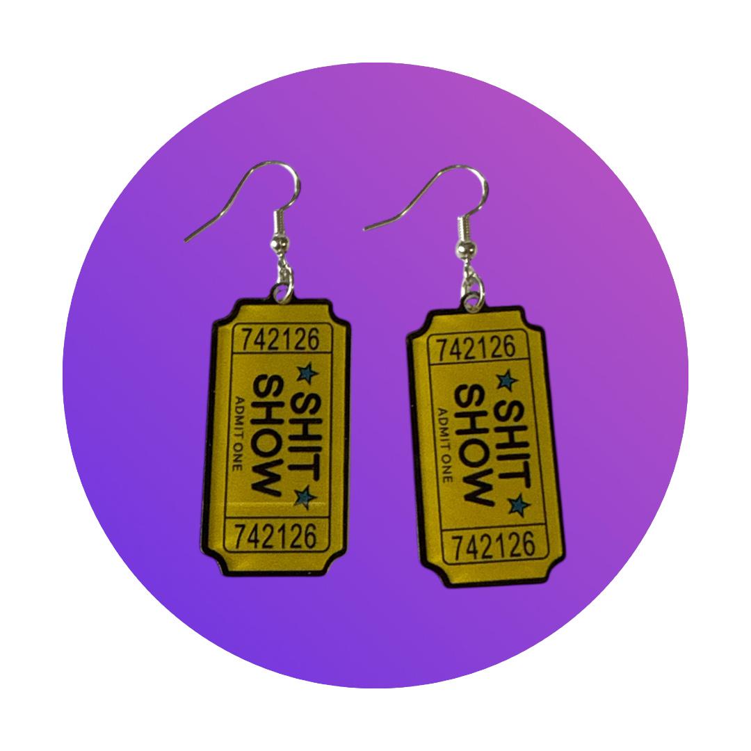 SH*T SHOW Admissions Tickets on Silver Drop-Hook Earrings