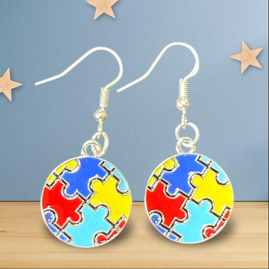 Autism Inspired on Silver Drop-Hook Earrings