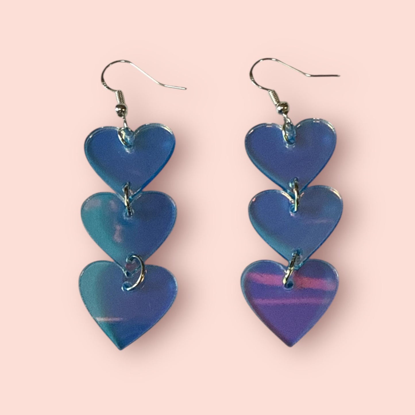 Holographic Heart Silver Drop-Hook Earrings