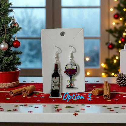 🍷🎄 Christmas Wine Glass / Wine Bottle EARRINGS - on Silver Drop Hook Earrings 🎄🍷