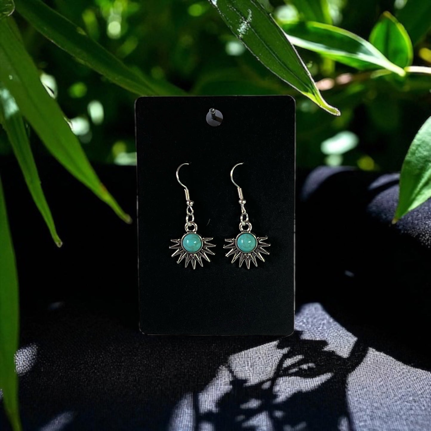 Turquoise Stone Pendant on Silver Drop-Hook Earrings