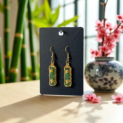 Gold Plated Jade Bamboo Pendant on Gold Plated Drop-Hook Earrings