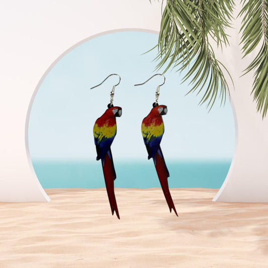 Bright Coloured Parrot on Silver Drop-Hook Earrings