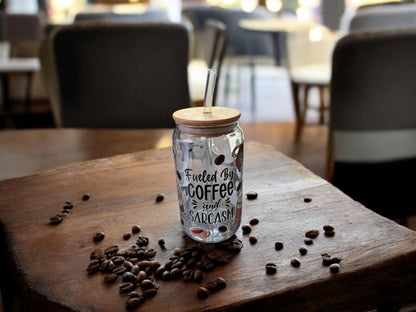 “Fueled By Coffee & Sarcasm” Glass Cup – yes, Fueled! ☕️🙃