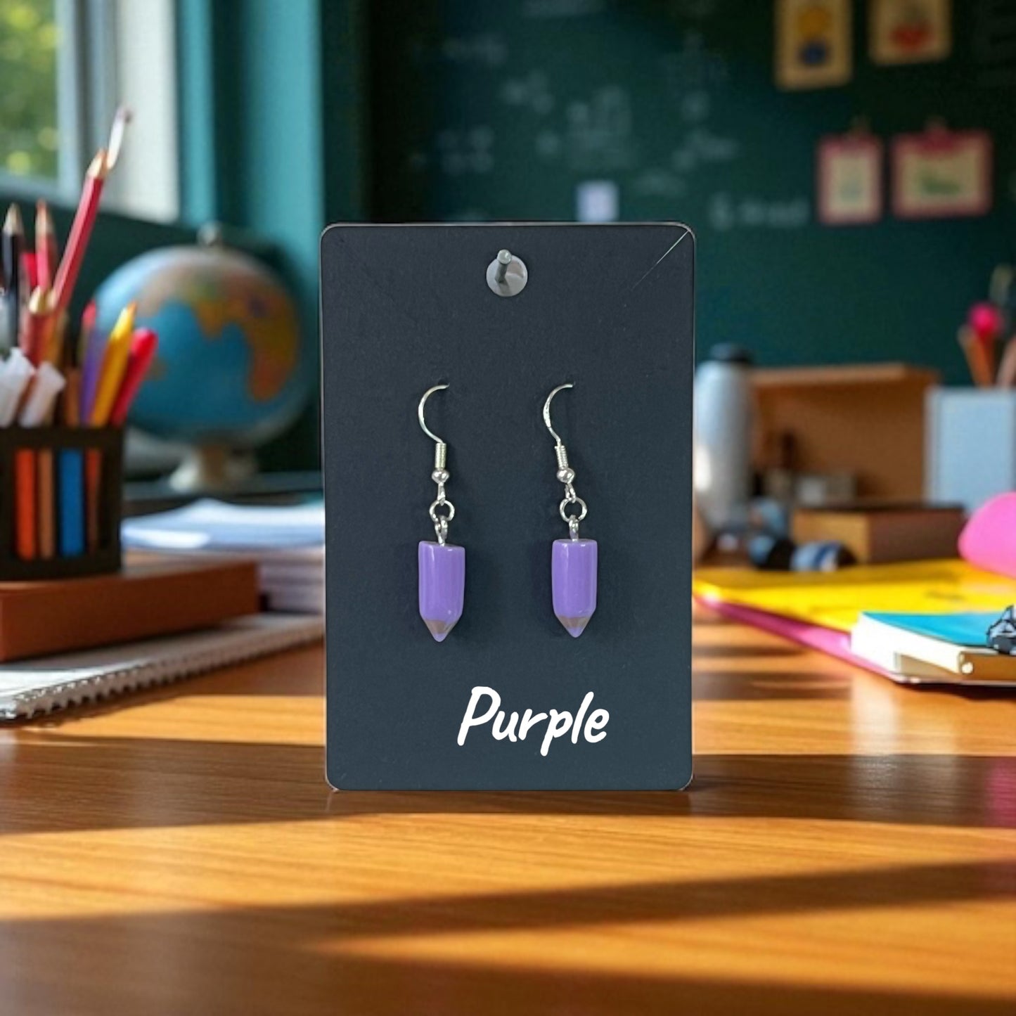 Coloured Pencil on Silver Drop-Hook Earrings