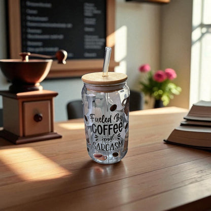 “Fueled By Coffee & Sarcasm” Glass Cup – yes, Fueled! ☕️🙃