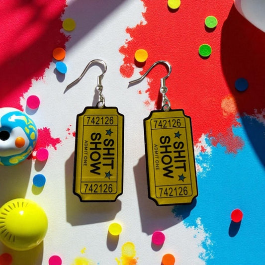 SH*T SHOW Admissions Tickets on Silver Drop-Hook Earrings