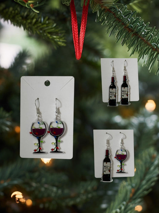 🍷🎄 Christmas Wine Glass / Wine Bottle EARRINGS - on Silver Drop Hook Earrings 🎄🍷