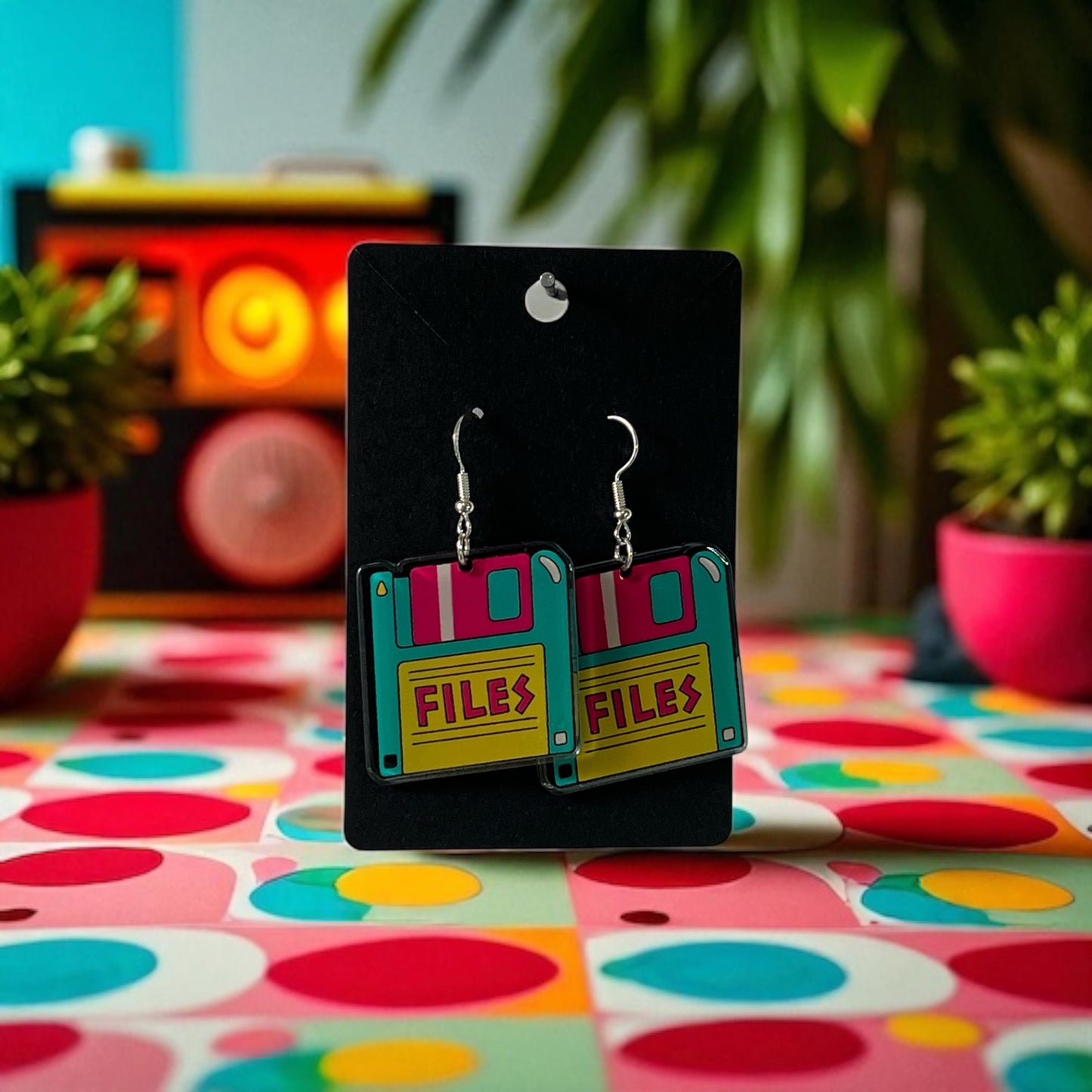 Floppy Disc Inspired Silver Drop-Hook Earrings