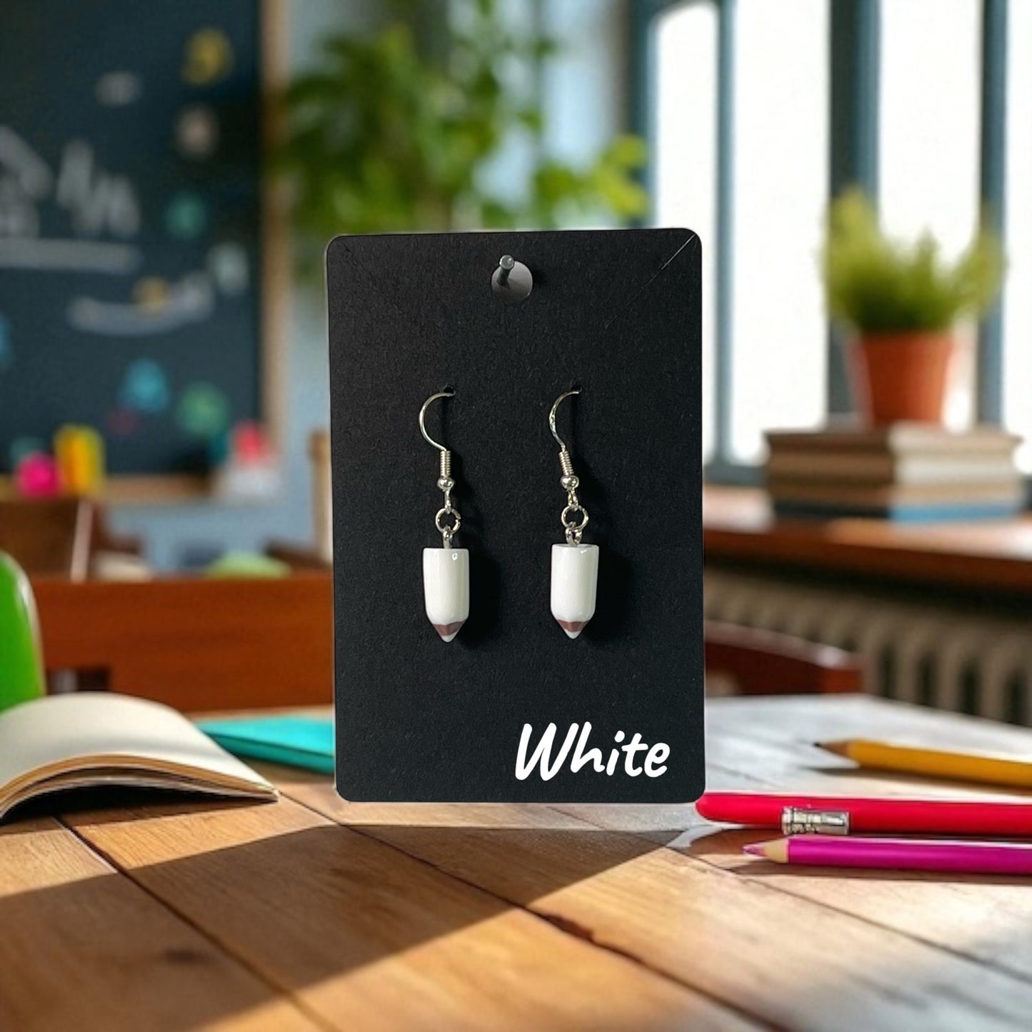 Coloured Pencil on Silver Drop-Hook Earrings
