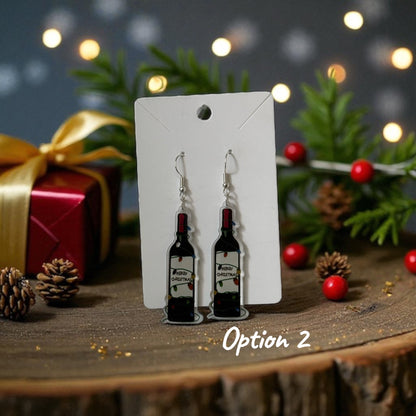 🍷🎄 Christmas Wine Glass / Wine Bottle EARRINGS - on Silver Drop Hook Earrings 🎄🍷