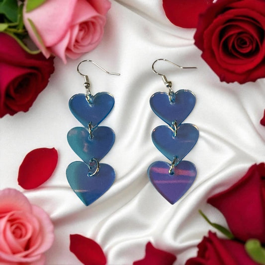Holographic Heart Silver Drop-Hook Earrings