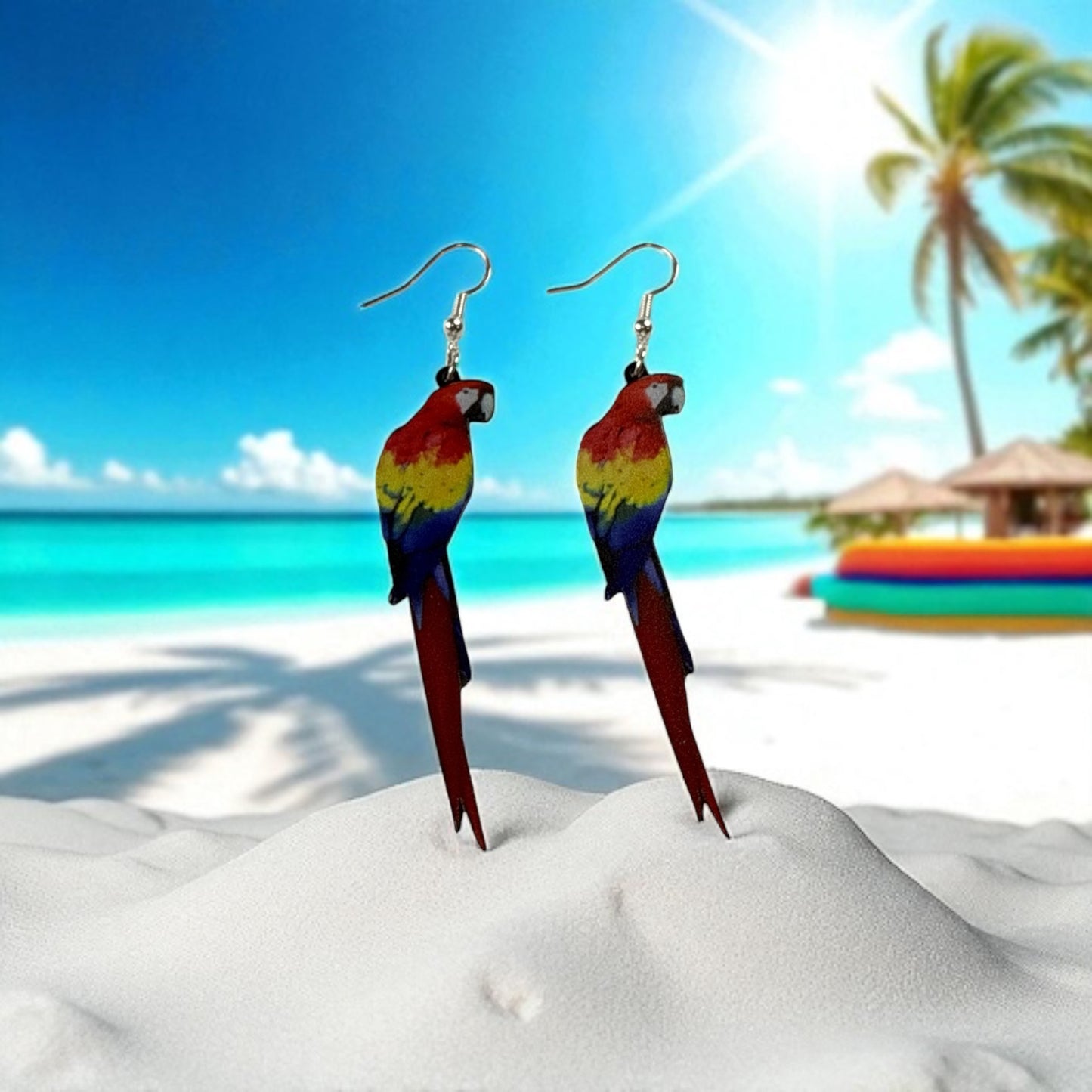 Bright Coloured Parrot on Silver Drop-Hook Earrings