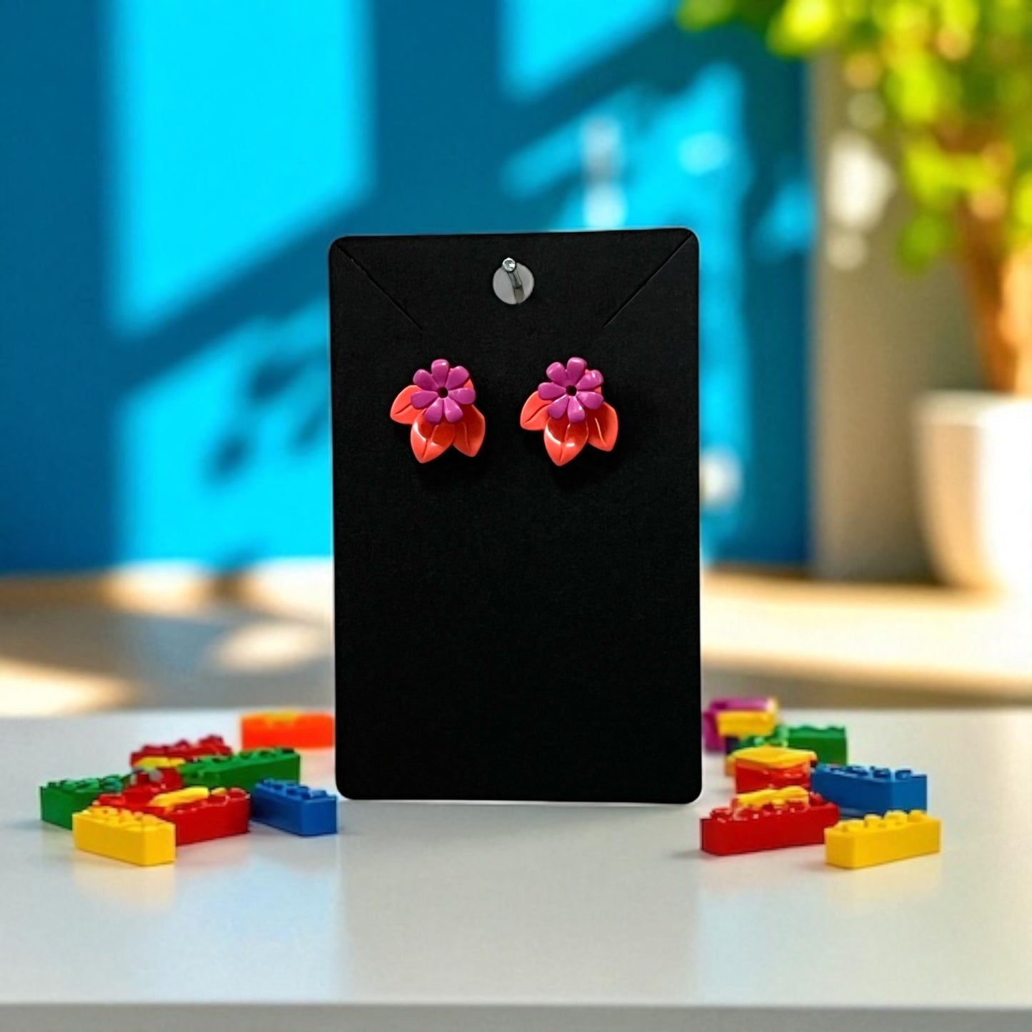 🌸 LEGO® 'Fluro Orange' Flower Stud Earrings – Pick Your Petals! 🌸