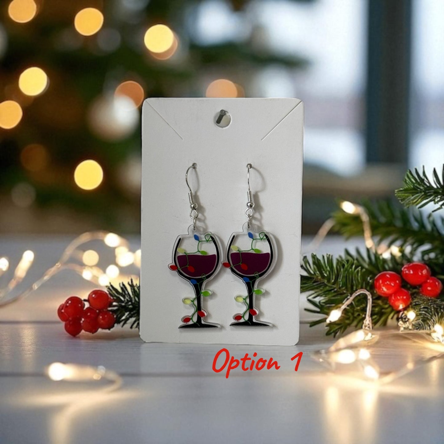 🍷🎄 Christmas Wine Glass / Wine Bottle EARRINGS - on Silver Drop Hook Earrings 🎄🍷