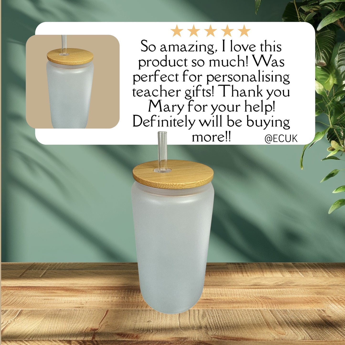 16oz Frosted Glass Sublimation Tumbler with Bamboo Lid & Glass Straw