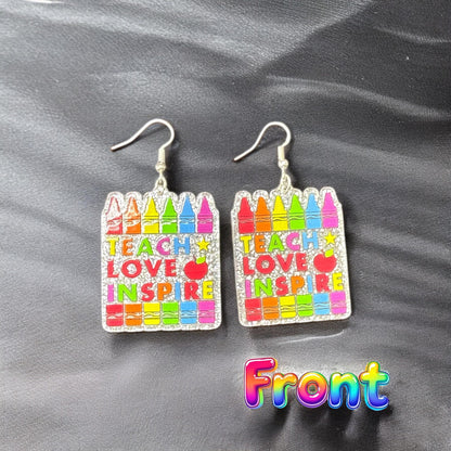 Teacher - Teach, Love, Inspire Silver Drop-Hook Earrings