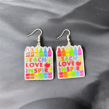 Teacher - Teach, Love, Inspire Silver Drop-Hook Earrings